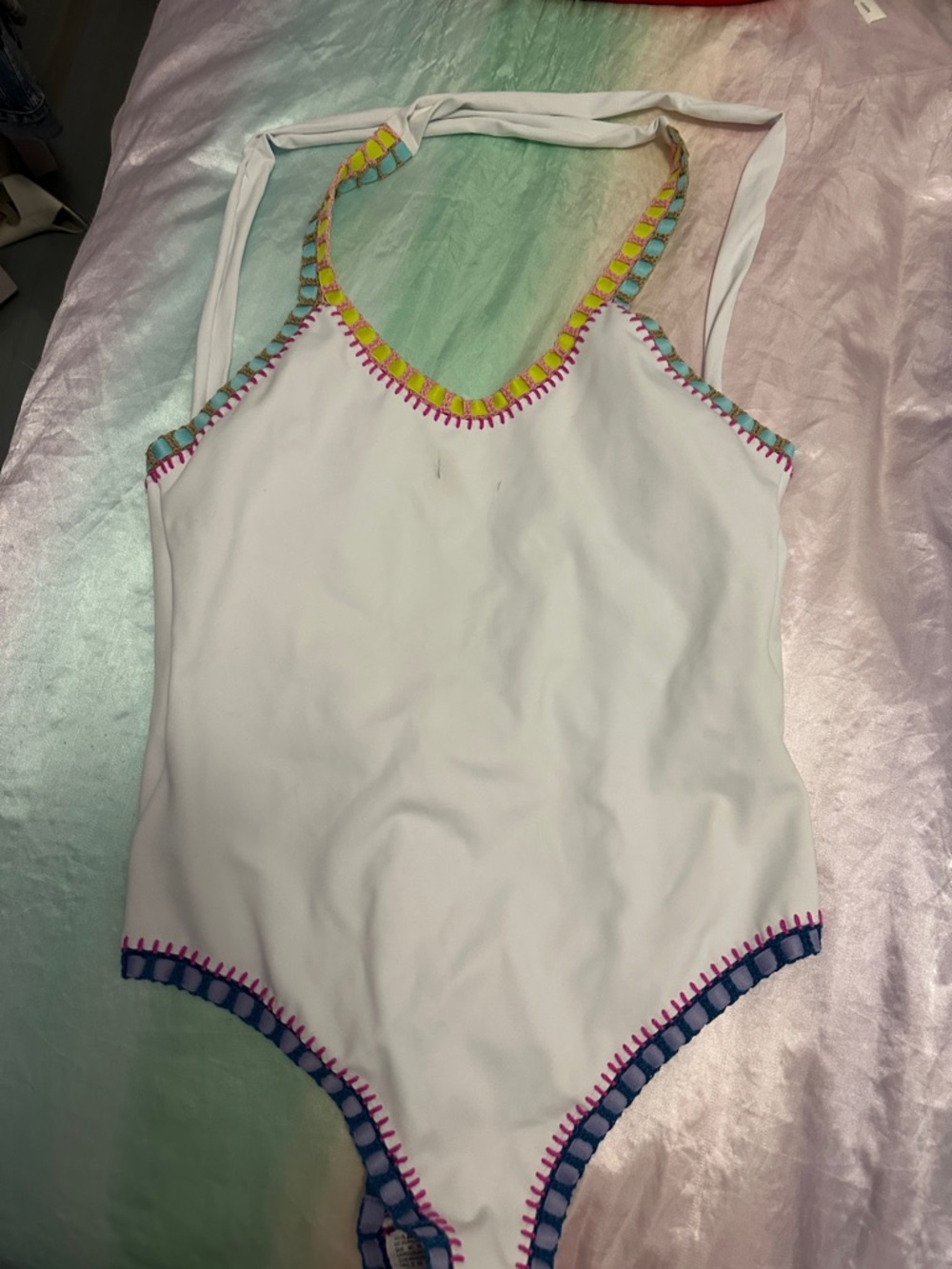 White One-Piece Swimsuit with Multicolor Crochet Trim